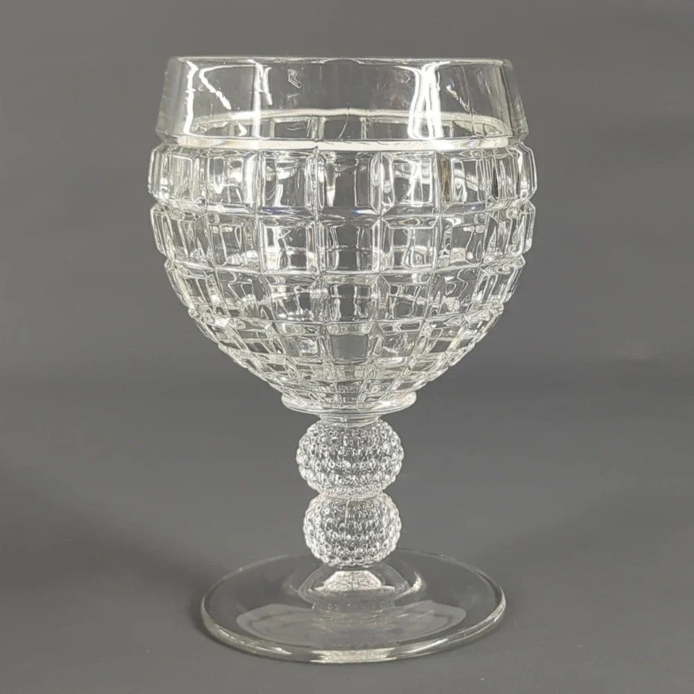 Vintage Waffle Grid Crystal Wine Goblets Double Ball Hobnail Stem Set of 5 Clear